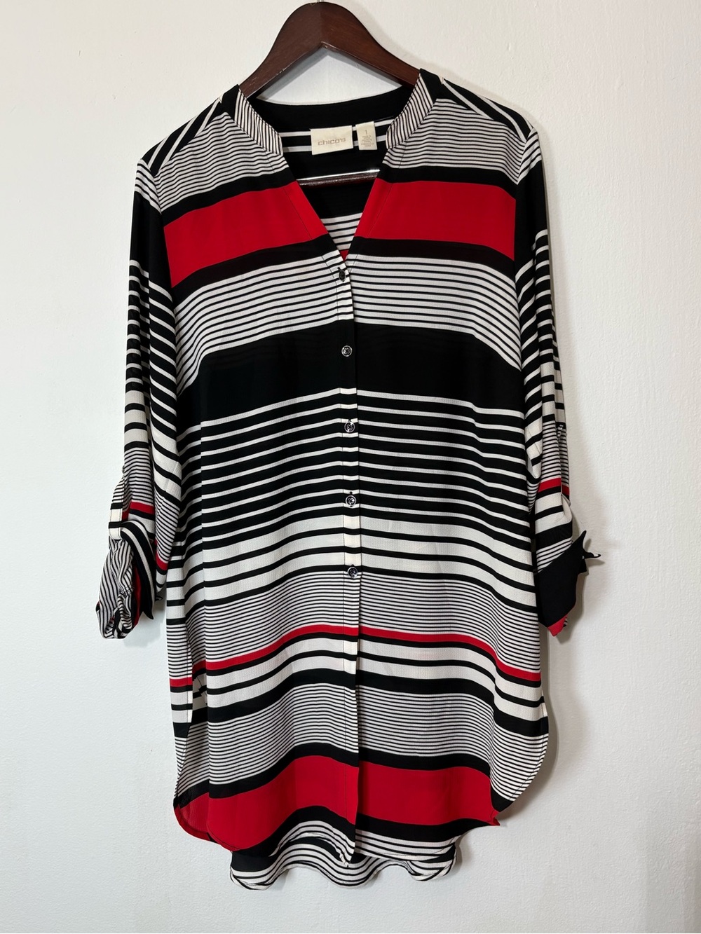 Chico's Red, Black & White Striped Button-Front Tunic